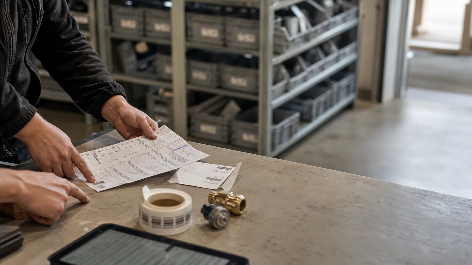 Mitarbeitende prüfen einen Auftrag und technische Bauteile direkt am Arbeitstisch im Lager