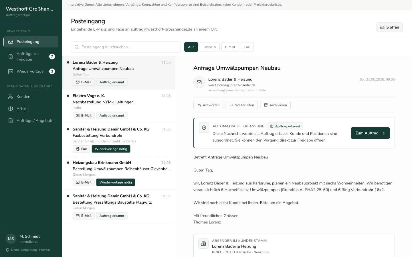 Auftragscockpit mit Posteingang und erkannter Bestellung
