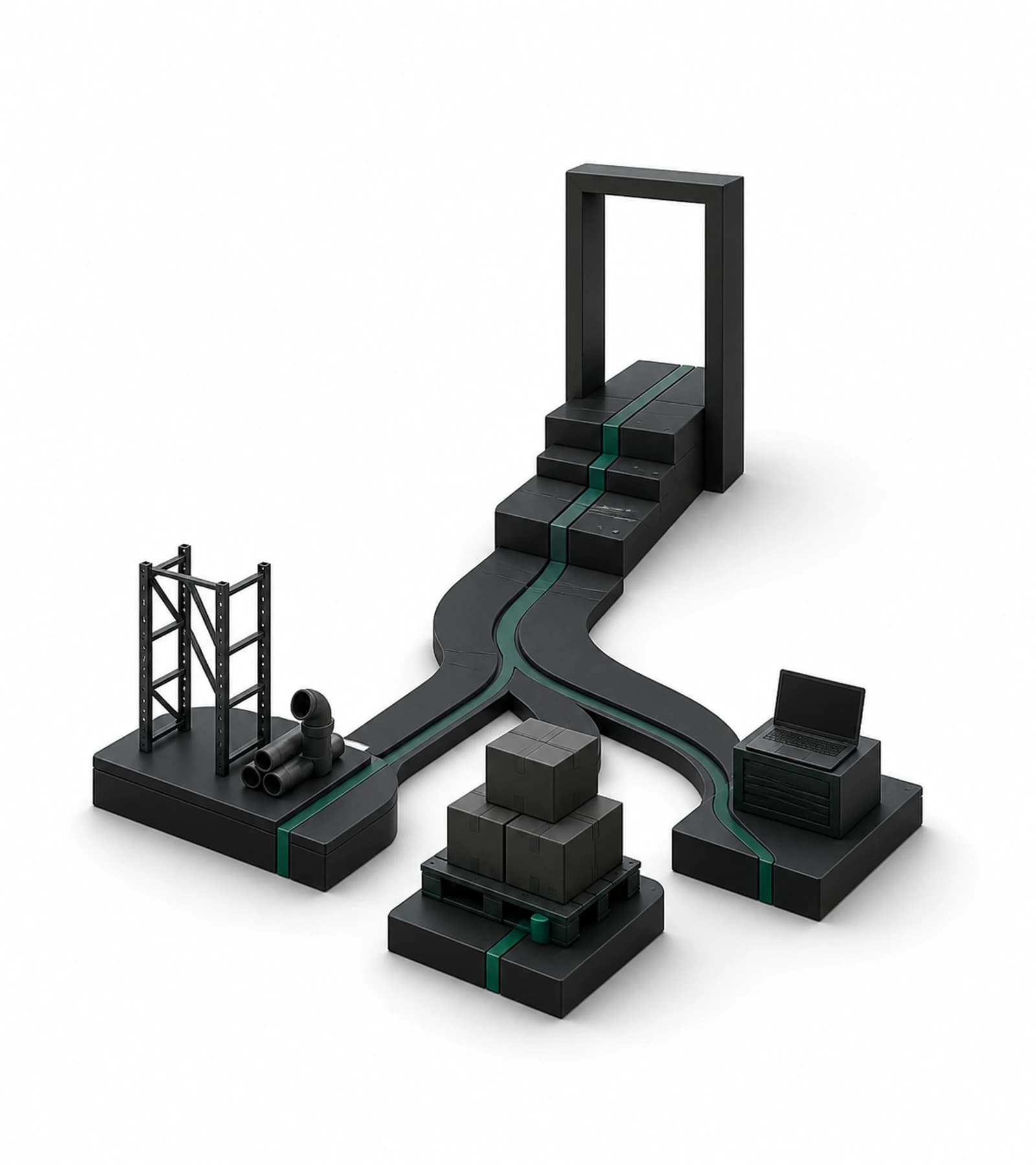 Abstrakte 3D-Komposition aus verbundenen Ebenen und einem aufsteigenden Weg als Symbol für die Zukunft des Großhandels